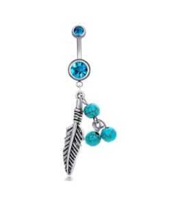 Bauchnabelpiercing Metallfeder mit 3 marmorierten Kugeln Türkis