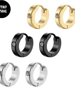 Titanstahl Creolen mit Zirkonia Stein | Gold / Schwarz / Silber – Huggie Ohrringe mit Glanz (Paar)