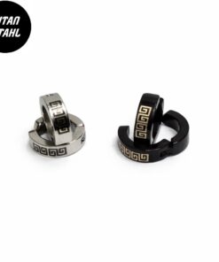 Titanstahl Creolen mit Greek Key Muster – Silber / Schwarz – Huggie Ohrclips im modernen Design