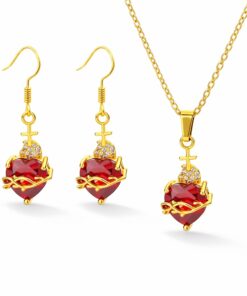 Schmuckset Herz mit Dornen – Ohrringe und Halskette mit rotem Kristall | silberfarben / goldfarben
