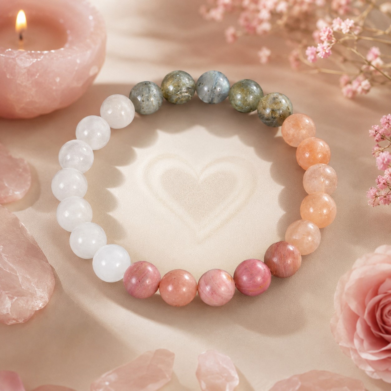 Kraftstein Armband - Labradorit, Mondstein & rosa Natursteinen – Selbstliebe, Harmonie & Herzenergie