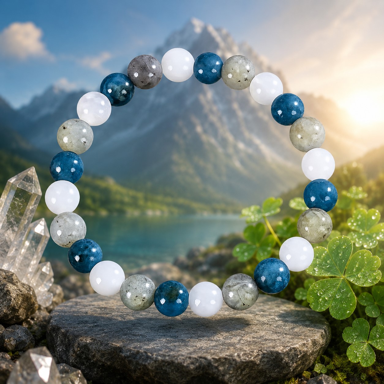 Kraftstein Armband – Blauem Apatit, Labradorit & Milchquarz – Stärke, Klarheit & Glück